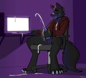 2024 4_toes 5_fingers absurd_res animal_genitalia animal_penis anthro balls balls_tuft black_body black_bracelet black_fur blue_hair blue_inner_ear blue_penis bodily_fluids bottomless bracelet canid canine canine_genitalia canine_penis canis claws closed_eyes clothed clothing computer computer_monitor computer_mouse cum cum_on_arm cum_on_chest cum_on_face cum_on_ground cum_on_hand cum_on_own_face cum_on_penis cum_on_self cumshot cute_fangs digitigrade ear_piercing ejaculation electronics erection feet felino fingers fur gaming_chair genital_fluids genitals grey_claws hair hi_res hoodie jewelry male male_focus male_only mammal masturbation motion_lines orange_hair orgasm original_character penile penile_masturbation penis piercing red_clothing red_hoodie red_topwear sitting solo spiked_bracelet spikes spread_legs spreading toe_claws toes tongue tongue_out topwear tuft wolf