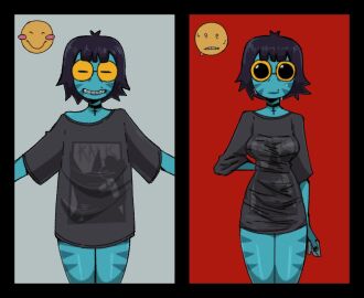 amphibian amphibian_female ass big_ass big_breasts big_butt big_thighs big_titties black_hair blue_skin breasts clothing curvaceous curvaceous_female curvaceous_figure curvy curvy_figure curvy_hips female female_focus female_only glasses original original_character short_hair yellow_eyes zzzilart