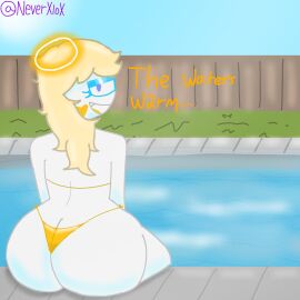 2025 2d 2d_(artwork) 2d_artwork angel angel_girl angie_(xxxloxy) artist_logo artist_name big_breasts blonde_hair breasts female glowing_eyes glowing_halo halo light-skinned_female light_skin original original_character pool poolside thick_thighs thong white_body white_eyes xxxloxy_(artist) yellow_hair