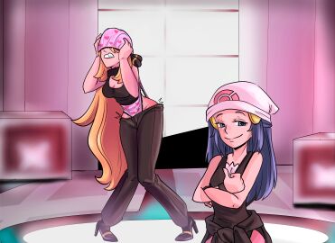 2girls blonde_hair blue_hair blush cynthia_(pokemon) dawn_(pokemon) duo humiliation panties panty_pull pink_panties pokemon pokemon_dppt two_females two_girls wedgie