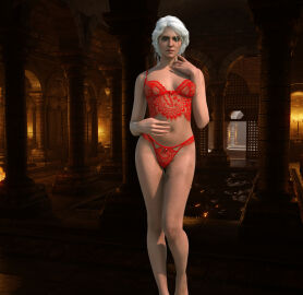 3d breasts cd_projekt_red ciri female garos green_eyes light-skinned_female light_skin lingerie looking_at_viewer mascara nipples scar solo solo_female tattoo the_witcher_(series) the_witcher_3:_wild_hunt transparent_clothing white_hair