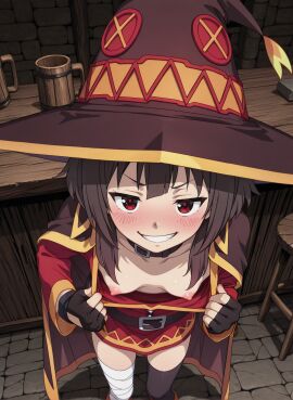 1female 1girls ai_generated bandages bangs breasts_exposed brown_hair cloak clothes_pull female fingerless_gloves flashing flashing_breasts from_above futality gloves indoors kono_subarashii_sekai_ni_shukufuku_wo! konosuba looking_at_viewer megumin nipples off_shoulder_dress pulling_own_clothes pulling_shirt_down red_dress red_eyes shirt_pull short_hair side_bangs small_breasts smirk smug solo tavern teeth thighhighs witch_hat young young_female