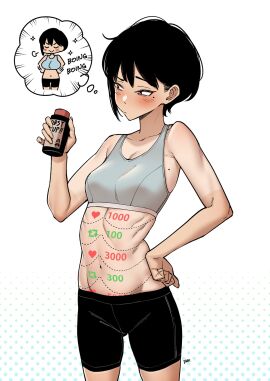 1girls black_hair blush breast_expansion breast_growth breast_growth_(enlargement) breasts dotted_line expansion fan_(f.w.zholic) farmer's_tan female female_only implied_expansion mole navel one_eyebrow_raised red_eyes small_breasts twitter_strip_game_(meme) yoga_pants