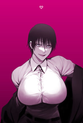 1girls bangs big_breasts black_hair blank_background blouse breast_focus breasts busty button_pop buttoned_shirt clothed_breasts clothed_female curvy curvy_figure dress_shirt female genderswap genderswap_(mtf) jacket jacket_partially_removed jujutsu_kaisen large_breasts looking_at_viewer milf mother office_lady pink_background plump_lips questionable_consent rule_63 short_hair smirk smirking smirking_at_viewer solo solo_female solo_focus suit tagme tagme_(artist) tight_clothes tight_clothing tight_fit toji_fushiguro tomboy very_short_hair
