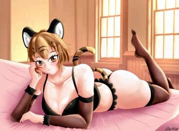 armwear bed bedroom black_armwear black_panties black_stockings black_topwear brown_eyes brown_hair cute cute_expression cute_female joey_wolf lingerie lingerie_only looking_at_viewer luna_(joey_wolf) lying_on_bed lying_on_stomach nylon_stockings one_leg_raised one_leg_up sexy_pose short_hair stockings sunset tiger tiger_ears tiger_girl tiger_tail tigergirl