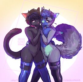 antennae_(anatomy) anthro arthropod bee beecat black_cat_(character) clothing collar cuntboy domestic_cat duo felid feline felis fishie garter_straps genitals hand_holding hi_res hybrid hymenopteran insects intersex legwear looking_at_viewer mammal monochromanis nonbinary_(lore) pinup pose pussy smile tail thigh_highs thigh_highs_only trans_(lore) trans_man_(lore) wings