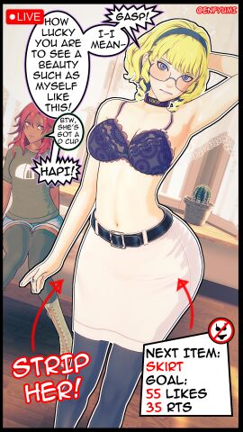 2girls 3d arm_up armpits artist_name belly belt beltskirt black_bra blonde_hair blue_bra blue_eyes blue_nails bra breasts business_suit choker_writing collar constance_von_nuvelle converse cup_size dark-skinned_female dark_skin duo embarrassed english_text exhibitionism female female_only femdom femsub fire_emblem fire_emblem:_three_houses glasses green_shirt hairless_armpits hapi_(fire_emblem) humiliation jean_shorts lace lace-trimmed_bra light-skinned_female light_skin livestream measurements medium_breasts meme multiple_females multiple_girls nail_polish name_tag navel nintendo platform_footwear red_eyes red_hair shirt skirt speech_bubble strip_game t-shirt teasing text tight_clothing tights twitter_strip_game_(meme) underwear yumi_(artist)