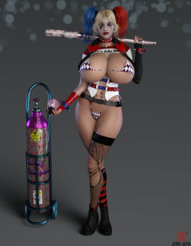 1girls 3d 3d_(artwork) 3d_model 3d_render aesmadaeva37 artist_logo artist_name baseball_bat bat batman_(series) belt bikini bikini_bottom bikini_top bimbo blonde_hair blue_eyes blue_eyeshadow blue_highlights blue_nails boots bracelet breasts collar dc dc_comics english english_text female female_only fishnet fishnet_legwear fishnet_stockings fishnets gas_canister harley_quinn heterochromia huge_breasts joker_gas large_breasts navel nipple_bulge panties pinup pubic_tattoo red_eyes red_eyeshadow red_highlights red_nails simple_background skull skull_necklace solo solo_female spiked_bracelet spiked_collar stockings tattoo text torn_clothes torn_fishnets torn_legwear torn_pantyhose twintails weapon weapon_over_shoulder white_face white_facepaint