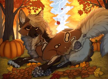 animal_genitalia animal_pussy animal_vulva anus autumn canid canine canine_genitalia canine_pussy canine_vulva canis female feral food forest fruit genitals grass hi_res hybrid lying mammal paws plant presenting pumpkin pussy solo tail taka_(artist) tree vulva