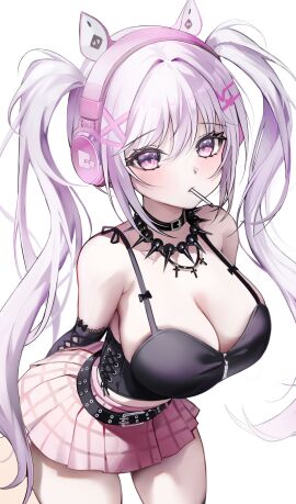 1girls alice_(nikke) breasts cleavage female female_only fully_clothed goddess_of_victory:_nikke hair_between_eyes headphones large_breasts lollipop pink_eyes thighs twintails white_background white_hair