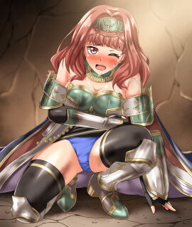 1girls absurdres alternate_costume arm_armor bare_shoulders bare_thighs black_gloves black_thighhighs blue_panties breasts cape celica_(fire_emblem) cleavage female female_only fingerless_gloves fire_emblem fire_emblem_echoes:_shadows_of_valentia fire_emblem_heroes gloves highres large_breasts leg_armor looking_at_viewer medium_hair nintendo official_alternate_costume one_eye_closed open_mouth panties pantyshot pencil_skirt red_eyes red_hair skindentation skirt solo thighhighs thighs underwear zanntetu