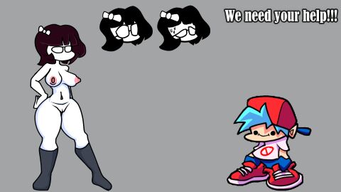 1boy 1girls black_hair black_panties boyfriend_(friday_night_funkin) breast_grab breasts breasts_bigger_than_head breasts_out female female_focus female_pubic_hair fnf fnf_mod fnf_mods fnf_oc fnf_ocs friday_night_funkin friday_night_funkin_mod glasses glasses_on_face glasses_on_head grey_background luna_(fnf) male original original_character original_characters pussy socks vagina white_body white_eyes