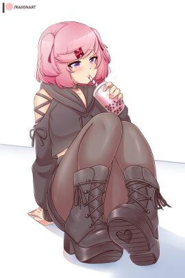 1girls blush boots breasts doki_doki_literature_club drinking female female_only flat_chest hoodie legs_together natsuki_(doki_doki_literature_club) pantyhose petite petite_body petite_female pink_hair purple_eyes raionart short_hair sitting small_breasts solo teenager thick_thighs tied_hair x_hair_ornament