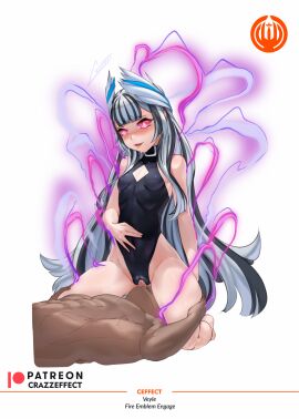 1boy 1girls ass_visible_through_thighs aura bangs bare_arms bare_legs bare_shoulders barefoot black_hair breasts corruption covered_nipples crazzeffect cunnilingus cunnilingus_through_clothes dark_aura female fire_emblem fire_emblem_engage grey_hair halterneck kneeling legs leotard long_hair male multicolored_hair nintendo open_mouth partially_visible_vulva pink_eyes pussy sex shoulders small_breasts smile sweat very_long_hair veyle_(fire_emblem) white_background