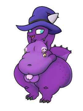 2025 anthro areola ass balls big_ass big_butt biped chubby_tail clothing cookie-pone digital_media_(artwork) flaccid front_view genitals hat hat_only headgear headgear_only headwear headwear_only hi_res huge_ass huge_butt huge_hips kobold male moobs mostly_nude nipple_piercing nipples overweight overweight_anthro overweight_male penis piercing purple_body purple_scales scales scalie slightly_chubby slightly_chubby_anthro slightly_chubby_male small_penis smile solo standing stretching tail wide_hips wizard_hat