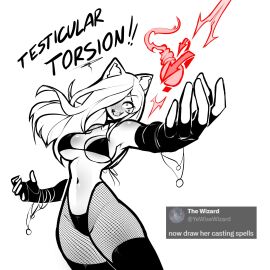 1girls 2024 animal_ears ballbusting balls bikini black_bikini blush breasts casting_spell cat_ears cat_girl catgirl cleavage cock_and_ball_torture cock_and_balls_torture elbow_gloves english_text facial_markings female femdom fingerless_gloves fishnets gloves hair_over_one_eye long_gloves long_hair magic male navel open_mouth original penis pink_eyes sadism smile standing tagme tekona testicles testicular_torsion text thighhighs thighs white_hair