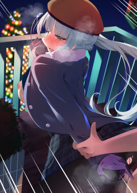1boy absurdres blush breasts breath censored clothed_sex doggy_style female gloves grey_hair hat highres kashiwagi_saki long_hair long_sleeves male mosaic_censoring nekouta night nipples ongeki open_mouth outdoors performai public_indecency sex side_ponytail skirt solo solo_focus tree yellow_eyes
