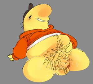 1boy 2d adult_swim ambiguous_species balls belly belly_grab bileshroom body_hair bottomless charlie_(smiling_friends) charlie_dompler critter critter_(smiling_friends) digital_media fat fat_male flaccid flaccid_penis flustered foreskin grin half-erect happy_trail hoodie hoodie_only leaning_back male male_only no_pants overweight overweight_male penis pubic_hair smiling_friends solo solo_male sweat testicles toony uncircumcised uncut yellow_body yellow_skin