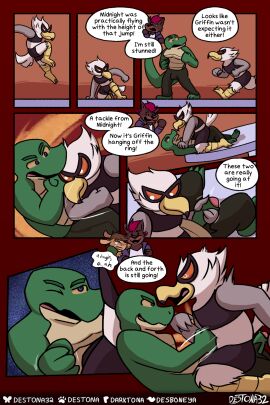 2024 anthro avian beak bird bottomwear brown_bottomwear brown_clothing brown_hair brown_pants canid canine canis clothing comic competition crop_top destona dialogue dobermann domestic_dog dominant dominant_male duo elbowing english_text feathers flying_through_air green_body green_eyes green_scales gull hair handjob hi_res kangaroo lari larid macropod male male/male mammal marsupial mask pants penile penis pinscher punch red_hair reptile running scales scalie sex sexual_competition sexual_fight shirt shoulder_bash snake speech_bubble straddling submissive submissive_male supervillain supervillain_costume tackle text topwear white_body white_feathers wrestling yellow_beak yellow_sclera