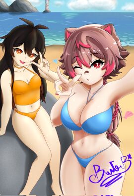 2d 2d_(artwork) 2girls alternate_costume animal_ears band-aid_on_nose bandaid bandaid_on_nose bare_hips beach beach_background big_breasts bikini black_hair blue_bikini blue_bikini_bottom blue_bikini_top blue_swimsuit bra braid braided_ponytail breasts brown_hair buster-art cleavage clouds day fanart fanart_from_twitter female female_only front_view high_resolution highres hispanic_virtual_youtuber kemonomimi latam_virtual_youtuber light-skinned_female light_skin lin_kaimane long_hair looking_at_viewer medium_breasts multicolored_hair nail_polish nails nails_painted navel ocean one_eye_closed open_mouth open_mouth_smile orange_bikini orange_eyes outdoors painted_nails raccoon_ears raccoon_girl rakkun red_eyes red_hair red_nails rock seashell selfie selfie_pose short_hair sitting sitting_on_rock sky slim_female small_breasts smile smiling smiling_at_viewer standing streaked_hair swimsuit swimwear thong thong_bikini twitch.tv two-tone_hair virtual_youtuber vtuber vtuberfanart water yellow_eyes yellow_swimsuit young younger_female