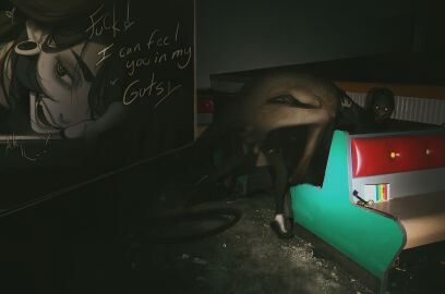 aroused black_eyes black_hair black_legwear black_lips close-up clothing commentary doggy_style english_commentary english_text female from_behind grin heart highres horror_(theme) host_(obj_shep) long_hair looking_at_viewer moaning monster motion_blur obj_shep open_mouth original penetration plug_(piercing) pussy ringed_eyes sex size_difference smile spread_legs talking vaginal_penetration variant_set wide-eyed zoom_layer