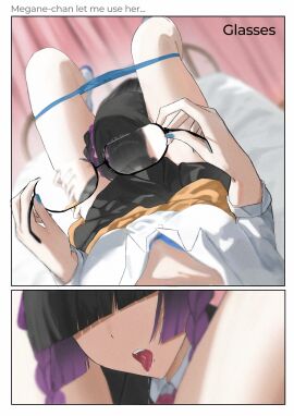 2girls absurdres after_cunnilingus bed black_hair black_skirt blue_bra blue_panties blurry bra braid breasts brown_cardigan cardigan cardigan_around_waist clothes_around_waist commentary cunnilingus downblouse english_commentary female female_pov glasses highres laying_on_back laying_on_bed long_hair medium_breasts megane mole mole_under_mouth multiple_females multiple_girls open_mouth oral original panties panty_pull pov purple_hair saliva shirt skirt tongue tongue_out twin_braids ulette underwear uwabaki white_shirt yuri