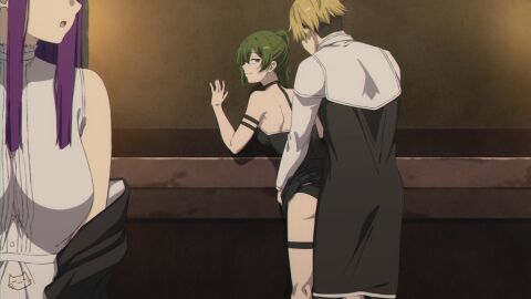 1boy 2girls black_coat black_panties blonde_hair blunt_bangs coat commentary cowboy_shot dress english_commentary female fern_(sousou_no_frieren) green_hair jitome keihh land_(sousou_no_frieren) leaning_forward long_hair looking_at_another looking_back male multiple_females multiple_girls paid_reward_available panties parted_lips purple_eyes purple_hair sex sex_from_behind short_hair smile sousou_no_frieren standing standing_sex ubel_(sousou_no_frieren) underwear undressing white_dress