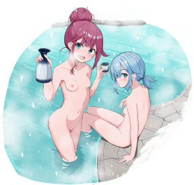 2girls absurdres alcohol aqua_eyes arm_support bath bathing blue_hair border bottle breasts breath center-flap_bangs choko_(cup) cleavage cleft_of_venus commentary_request completely_nude cup double-parted_bangs female female_pubic_hair hair_bun hand_up hands_up highres holding holding_bottle holding_cup light_blush long_hair looking_at_viewer lower_teeth_only median_furrow medium_hair multiple_females multiple_girls nipples nude on_floor onsen open_mouth original ponytail pool pubic_hair pussy red_hair sake same-sex_bathing shared_bathing sitting small_breasts snowing soaking_feet standing steam stone_floor teeth tokkuri towel uncensored urushiushiru variant_set very_long_hair wading water white_border