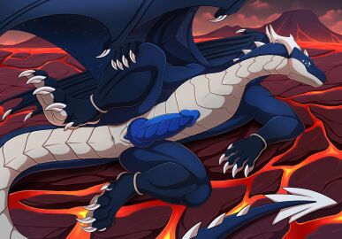 2025 5_fingers 5_toes animal_genitalia anus aroused ass astrum_(adergstrum) blue_body blue_eyes blue_scales claws digital_media_(artwork) digitigrade dragon erection european_mythology feet feral finger_claws fingers genital_slit genitals hi_res horn knot knotted_penis lava looking_at_viewer lying lying_on_ground male membrane_(anatomy) membranous_wings mythological_creature mythological_scalie mythology nude on_ground paws penis r-z re-re ridged_penis scales scalie solo solo_focus spikes spread_legs spreading tail toe_claws toes volcano western_dragon wings zetsin