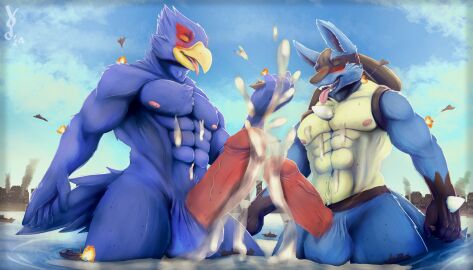 abs aircraft airplane anthro areola avian balls beak big_muscles blue_body blue_feathers blue_fur blush bodily_fluids canid canine city closed_eyes cum cum_everywhere duo erection excessive_cum excessive_genital_fluids falco_lombardi feathers fist flooding fur generation_4_pokemon genital_fluids genitals hi_res humanoid_genitalia humanoid_penis jet lucario macro male male/male mammal messy muscles muscular muscular_anthro muscular_male nintendo nipples non-mammal_nipples orgasm pecs penis pokemon pokemon_(species) sea ship spines star_fox tail tongue tongue_out vehicle vodcat water watercraft