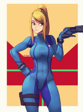 1girls absurd_res absurdres artist_name artist_signature athletic athletic_female bangs big_breasts big_thighs blonde_female blonde_hair blue_bodysuit blue_eyes bodysuit bracelet breast_focus breasts closed_mouth contrapposto covered_navel cowboy_shot fanart female female_human female_only fit fit_female from_front front_view gloves gun hand_on_hip handgun hi_res high_ponytail high_resolution highres holding holding_gun holding_weapon holster human large_breasts lips long_hair looking_at_viewer looking_to_the_side medium_breasts metroid mole mole_under_mouth nintendo pistol ponytail raichiyo33 samus_aran scrunchie serious sidelocks skin_tight solo solo_female standing swept_bangs thick_thighs thigh_holster thigh_strap tight_clothing tomboy trigger_discipline turtleneck weapon wide_hips zero_suit zero_suit_samus