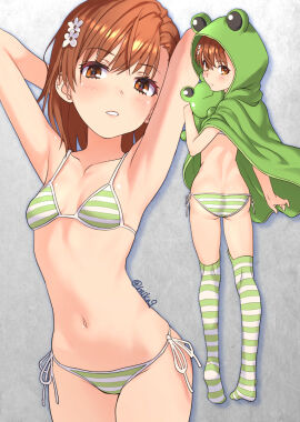 1girls 2020s 2024 armpits arms_behind_head ass back_view big_ass bikini blush breasts female female_only frog_hood frog_plushie full_body gekota green_socks holding_object holding_plushie hood looking_to_the_side matching_hair/eyes misaka_mikoto multiple_views navel panties parted_lips petite plushie pose posing raika9 seductive seductive_look sensual sexy_armpits small_breasts socks solo standing striped_bikini striped_panties striped_socks stripped_socks teenage_female teenager thigh_socks thighhighs to_aru_kagaku_no_railgun to_aru_majutsu_no_index twitter_username white_socks young