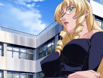 00s 2005 2girls animated anime_screenshot arms_crossed bare_shoulders bible_black bible_black_new_testament blonde_hair breasts brown_hair drill_hair earrings female glasses green_eyes imari_kurumi jewelry large_breasts lipstick long_hair long_sleeves makeup nipple_stimulation_through_clothes school shin_bible_black shiraki_rika side_ponytail tagme teacher