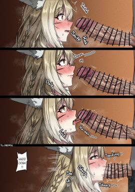 1girls animal_ears arknights doujin female hands-free imminent_fellatio imminent_oral male oral penis trnr_cn vulpisfoglia_(arknights)