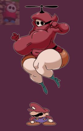 1boy 1girls 2024 2d 2d_(artwork) ass big_ass big_breasts breasts busty chubby chubby_female curvaceous curvy curvy_figure dark-skinned_female dark_skin duo female fly_guy flying hood huge_breasts large_breasts looking_down male mario mario_(series) mask masked masked_female nipple_bulge propeller purple_background red_hood reference_image shy_gal stockings submarichamomi2 white_stockings wide_hips