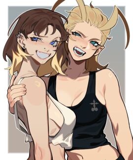 2girls :d absurdres antenna_hair aqua_eyes arm_around_shoulder arm_at_side artist_self-insert black_tank_top blonde_hair blue_eyes blush breasts brown_hair clothing crop_top digital_drawing_(artwork) disney duo ear_piercing earrings female from_side fully_clothed grey_background grin hair_slicked_back hand_on_another's_shoulder highres jewelry kingdom_hearts larxene light_skin long_hair looking_ahead looking_at_viewer medium_breasts midriff multicolored_hair multiple_females multiple_girls navel no_sex nobody_(kingdom_hearts) nose_piercing open_mouth organization_xiii original_character piercing plain_background porqueloin pose posing posing_for_the_viewer sideboob simple_background slim slim_arms smile solo solo_female square_enix standing straight_hair stud_earrings tank_top teeth tongue two-tone_hair upper_body white_tank_top