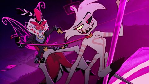 2boys 4_arms abuse angel_dust_(hazbin_hotel) bug_wings chair clothed clothed_male clothed_male_nude_male collar_and_leash demons femboy hat hazbin_hotel heart_glasses leash male naked naked_male nude nude_male official_art pimp pimp_hat pole_dancer pole_dancing screencap screenshot sinner sinner_demon sitting_on_chair spindlehorse_toons stripper_pole thigh_high_boots thigh_highs thong valentino_(hazbin_hotel) vivziepop