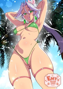 1girls absurd_res bikini cameltoe emy_(sasatseng) female female_only green_bikini green_eyes hair_ribbon hands_behind_head legband lipstick long_hair looking_at_viewer makeup original pink_lipstick pussy pussy_floss sasatseng side-tie_bikini smiling smiling_at_viewer solo thick_thighs white_hair