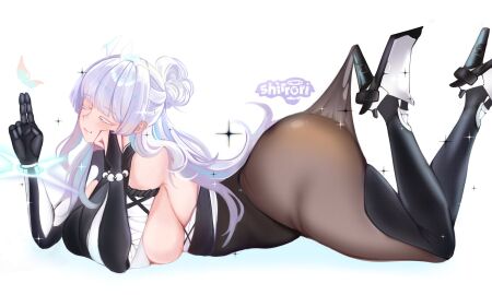 ass ass_bigger_than_head bead_bracelet beads bracelet colored_eyelashes female goddess_of_victory:_nikke highres huge_ass jewelry lace_pantyhose_hooked_on_heel_(meme) lying mechanical_arms mechanical_hands meme monk nayuta_(nikke) on_stomach shirrori simple_background single_mechanical_arm single_mechanical_hand solo split-color_clothes thick_eyelashes white_background white_eyelashes