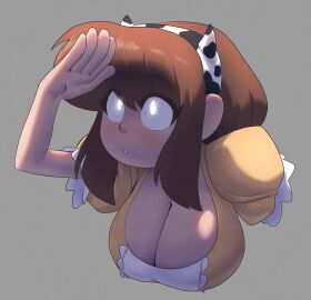 big_breasts breasts brown_hair cleavage coolerinker cow_headband cow_print female glowing_eyes inker_comics inkershike looking_up mona_(inker_comics) original yellow_dress
