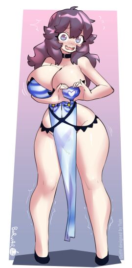 1girls alternate_ass_size alternate_body_type alternate_breast_size ashamed ass big_breasts big_thighs blush borvar breasts collar double_slit_dress dress female heartboob heels hex_maniac high_slit_dress huge_ass huge_breasts huge_thighs light-skinned_female light_skin long_hair nervous no_panties no_panties_under_dress no_text pelvic_curtain pokemon pokemon_xy purple_eyes purple_hair simple_background solo tagme