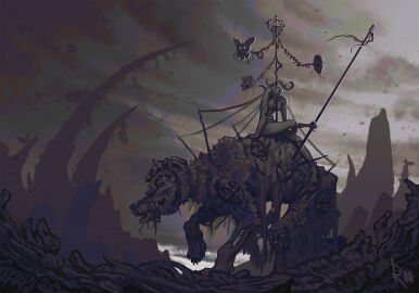 absurdres breasts completely_nude english_commentary fantasy female highres mask maypole monster nude original rope rope_around_mouth runielss scenery