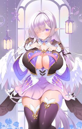 angel_wings blush breasts cleavage dress female female_only highres large_breasts long_hair original pointy_chin pointy_ears purple_eyes solo thighhighs white_hair wings zzo_(chorizzzzo)
