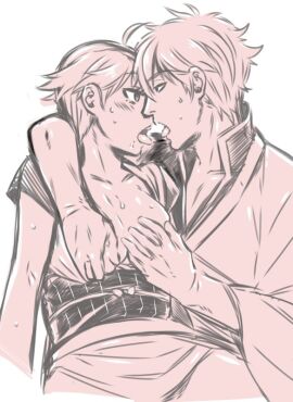 1boy 1girls breast_grab breasts breasts_out canon_genderswap chokukame dual_persona eye_contact female genderswap genderswap_(mtf) ginko_sakata gintama gintoki_sakata groping groping_breasts kimono looking_at_another male monochrome obi official_alternate_costume open_mouth rule_63 selfcest short_hair sketch sweat tongue tongue_out very_short_hair