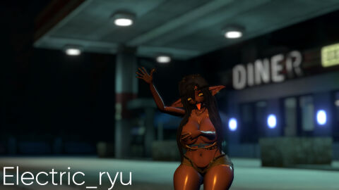 electric_ryu female gas_station goblin goblin_female hat purple_skin tits_out vrchat vrchat_avatar