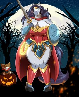 amazonian boots bracelets breasts cape crown dc dc_comics digital_drawing_(artwork) digital_media_(artwork) female female_warrior full_moon furry furry_female halloween hi_res horse horse_ears horse_girl horse_tail jack-o'-lantern large_breasts lasso lasso_of_truth long_hair malina_(robthehoopedchipmunk) moon muscular muscular_anthro muscular_female night night_sky non-human plushie pumpkin purple_hair robthehoopedchipmunk shield superheroine sword thick_legs thick_thighs thighs tree trees warrior wide_hips wonder_woman_(cosplay)