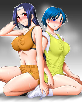 2girls asahina_natsuki blue_eyes blue_hair blush breasts covered_nipples female hairband highres large_breasts long_hair looking_at_viewer medium_breasts mokkouyou_bond mole mole_under_mouth multiple_females multiple_girls navel nipples orange_shorts orange_sports_bra red_eyes serizawa_miki shiny_skin shirt short_hair short_sleeves shorts simple_background sitting sleeveless sports_bra steaming_body super_real_mahjong super_real_mahjong_p3 super_real_mahjong_p7 sweat very_long_hair white_footwear white_shirt yellow_shirt yellow_shorts