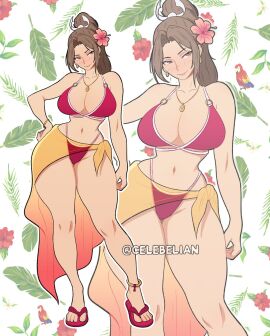 bare_shoulders bikini blush bracelet breasts brown_eyes brown_hair celebelian cleavage closed_mouth collarbone fatal_fury female flip-flops flower hair_flower hair_ornament high_ponytail highres jewelry king_of_fighters large_breasts legs long_hair mai_shiranui navel necklace ponytail red_bikini sandals sarong see-through_clothes see-through_sarong smile snk solo stomach swimsuit yellow_sarong