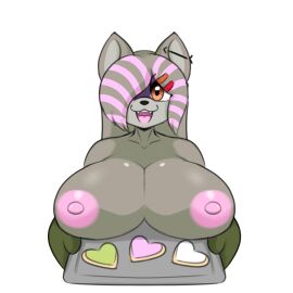 anthro baking_tray big_breasts breasts breasts_out cookies daria_(cringebird) earring female furry highlights_(coloring) iamkat95 nipples nonbinary oven_mitts raccoon tagme ych_result