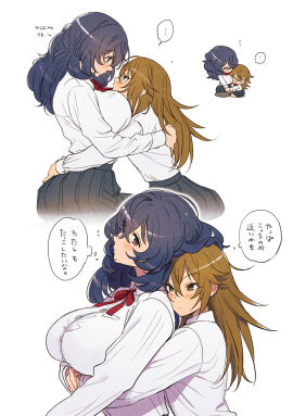 ... 2girls 404no2929 :< black_hair black_skirt blush breasts brown_eyes brown_hair chibi closed_mouth female hug hug_from_behind large_breasts long_hair looking_at_another miya_(404no2929) multiple_females multiple_girls original pleated_skirt school_uniform shion_(404no2929) simple_background skirt speech_bubble spoken_ellipsis thought_bubble white_background yuri